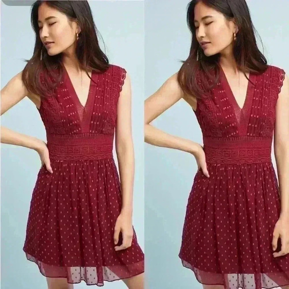 Anthropologie Ranna Gill Swiss dot maroon dress XS - Picture 1 of 5